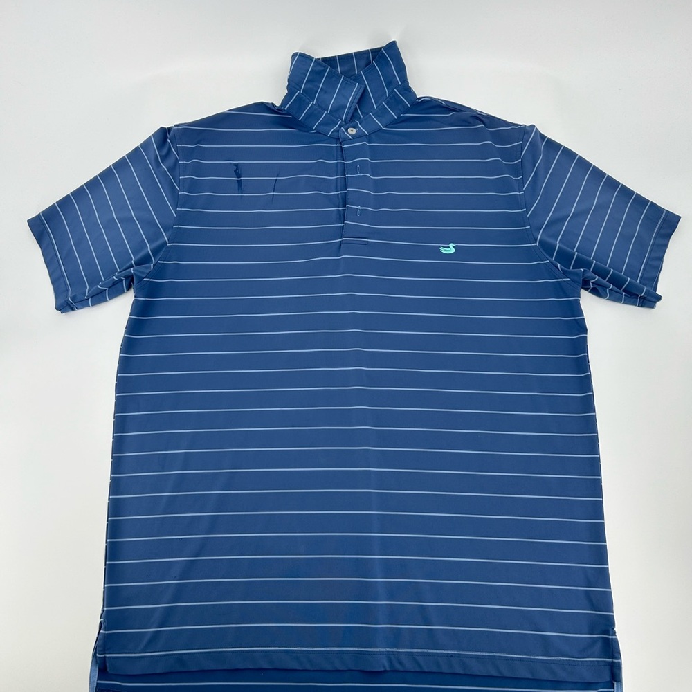 Southern marsh- striped performance polo- size medium- blue